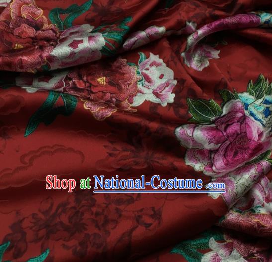 Asian Chinese Classical Peony Flowers Pattern Purplish Red Brocade Satin Drapery Traditional Cheongsam Brocade Silk Fabric