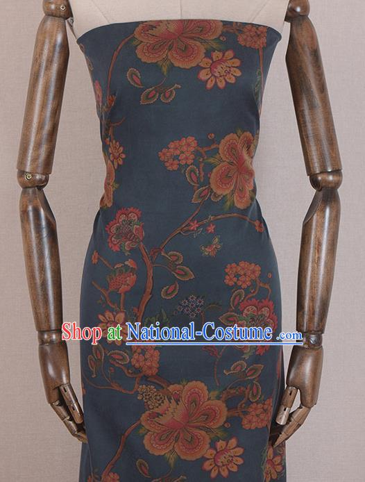 Asian Chinese Classical Peach Blossom Pattern Blue Gambiered Guangdong Gauze Traditional Cheongsam Brocade Silk Fabric