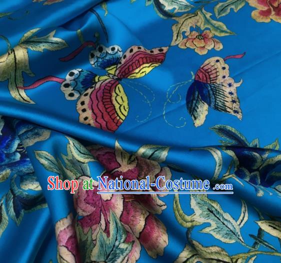 Asian Chinese Classical Peony Flowers Pattern Blue Brocade Satin Drapery Traditional Cheongsam Brocade Silk Fabric