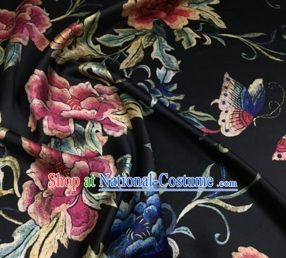 Asian Chinese Classical Peony Flowers Pattern Black Brocade Satin Drapery Traditional Cheongsam Brocade Silk Fabric