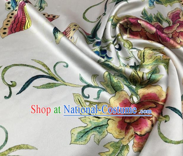 Asian Chinese Classical Peony Flowers Pattern White Brocade Satin Drapery Traditional Cheongsam Brocade Silk Fabric