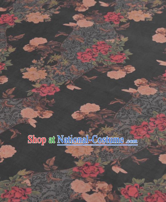 Asian Chinese Classical Peony Magnolia Pattern Black Gambiered Guangdong Gauze Traditional Cheongsam Brocade Silk Fabric