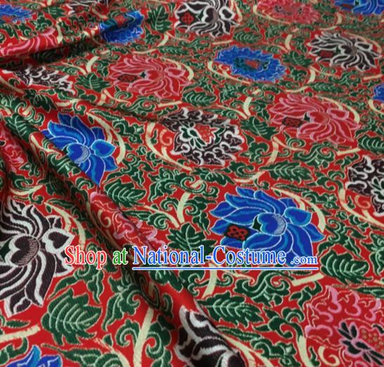 Asian Chinese Classical Lotus Pattern Red Brocade Satin Drapery Traditional Cheongsam Brocade Silk Fabric