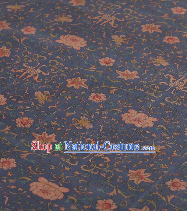 Asian Chinese Classical Lotus Pattern Navy Gambiered Guangdong Gauze Traditional Cheongsam Brocade Silk Fabric