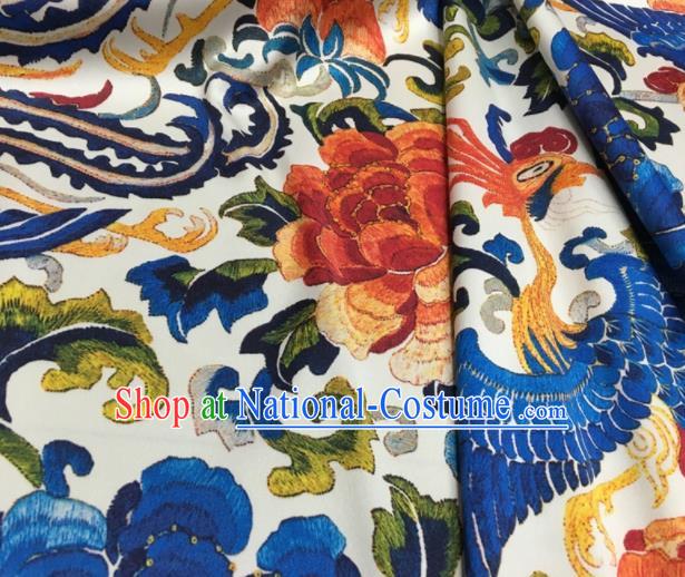 Asian Chinese Classical Phoenix Peony Pattern White Brocade Satin Drapery Traditional Cheongsam Brocade Silk Fabric