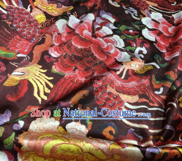 Asian Chinese Classical Phoenix Peony Pattern Dark Red Brocade Satin Drapery Traditional Cheongsam Brocade Silk Fabric