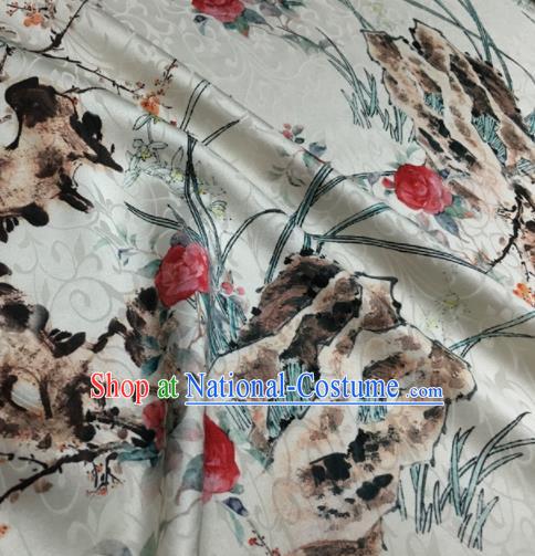 Asian Chinese Classical Roses Orchid Pattern White Brocade Satin Drapery Traditional Cheongsam Brocade Silk Fabric