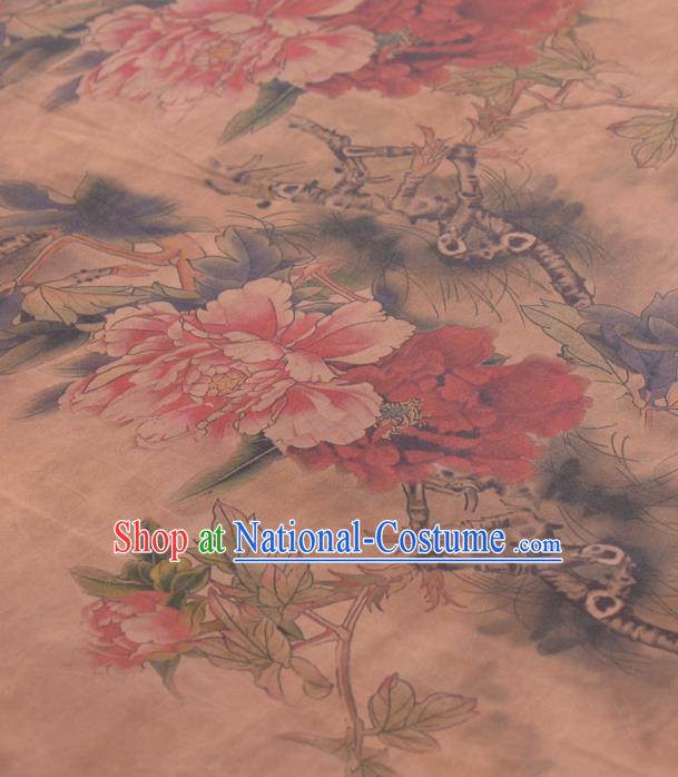 Asian Chinese Classical Peony Flowers Pattern Khaki Gambiered Guangdong Gauze Traditional Cheongsam Brocade Silk Fabric