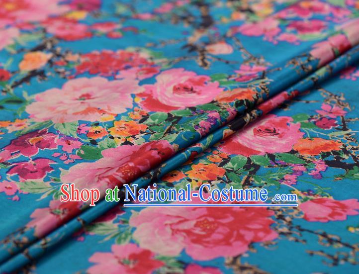 Asian Chinese Classical Peony Pattern Blue Gambiered Guangdong Gauze Traditional Cheongsam Brocade Silk Fabric