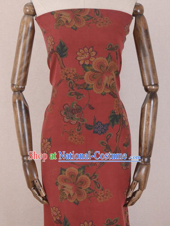 Asian Chinese Classical Peach Flower Pattern Red Gambiered Guangdong Gauze Traditional Cheongsam Brocade Silk Fabric