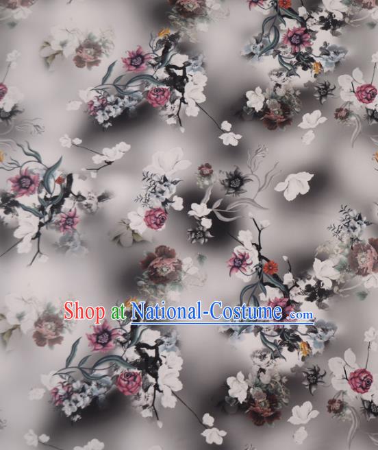 Asian Chinese Classical Flowers Pattern Grey Gambiered Guangdong Gauze Traditional Cheongsam Brocade Silk Fabric