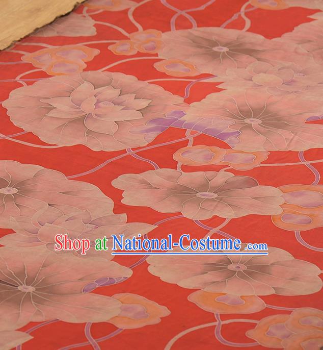 Asian Chinese Classical Lotus Leaf Pattern Red Gambiered Guangdong Gauze Traditional Cheongsam Brocade Silk Fabric