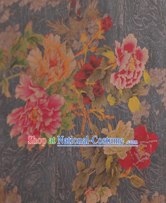 Asian Chinese Classical Peony Flowers Pattern Navy Gambiered Guangdong Gauze Traditional Cheongsam Brocade Silk Fabric