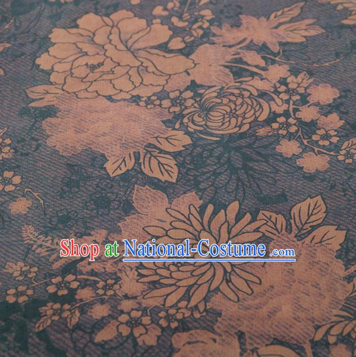 Asian Chinese Classical Chrysanthemum Peony Pattern Navy Brocade Satin Drapery Traditional Cheongsam Brocade Silk Fabric