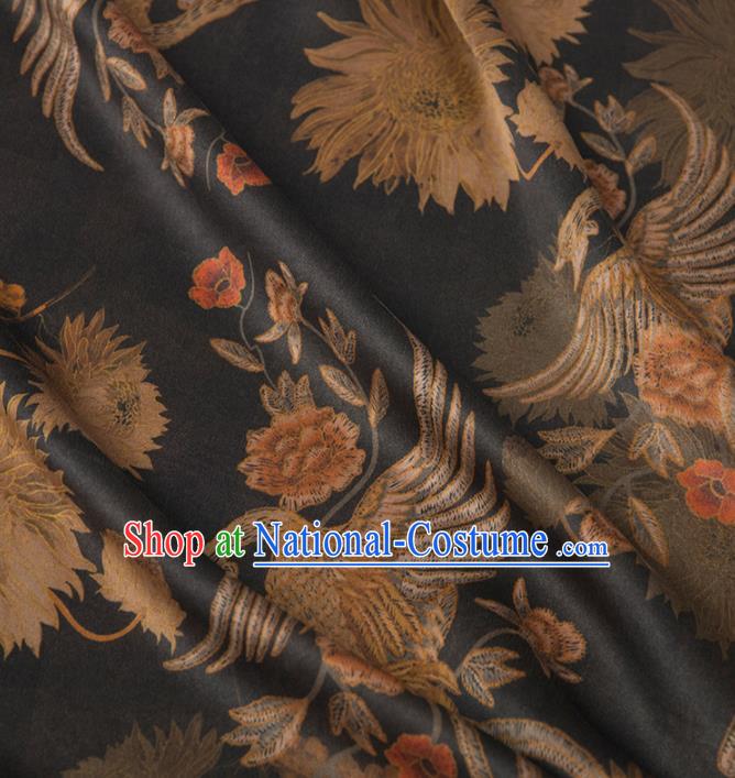 Asian Chinese Classical Phoenix Peony Pattern Black Brocade Satin Drapery Traditional Cheongsam Brocade Silk Fabric