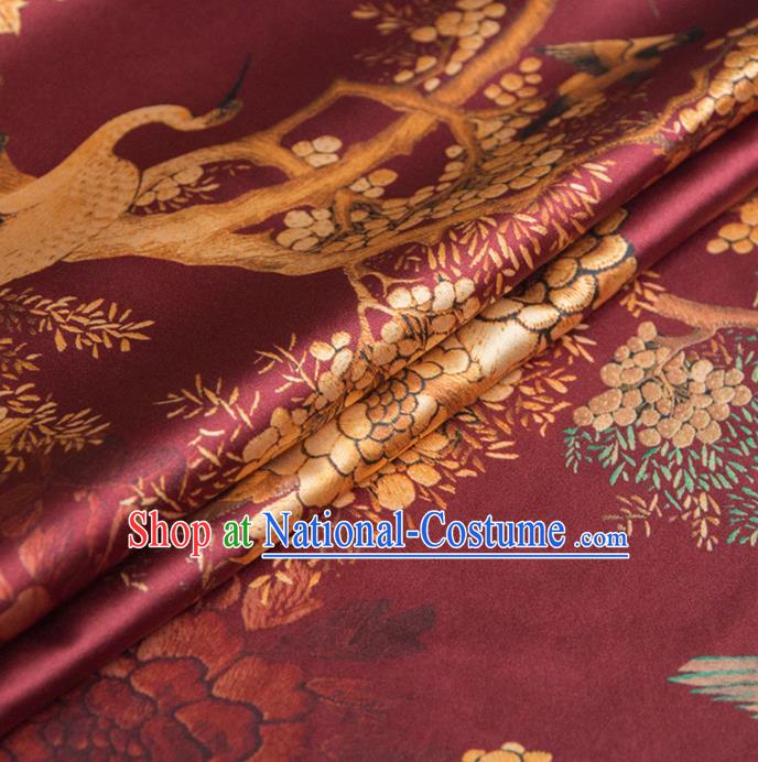 Asian Chinese Classical Crane Pattern Wine Red Brocade Satin Drapery Traditional Cheongsam Brocade Silk Fabric