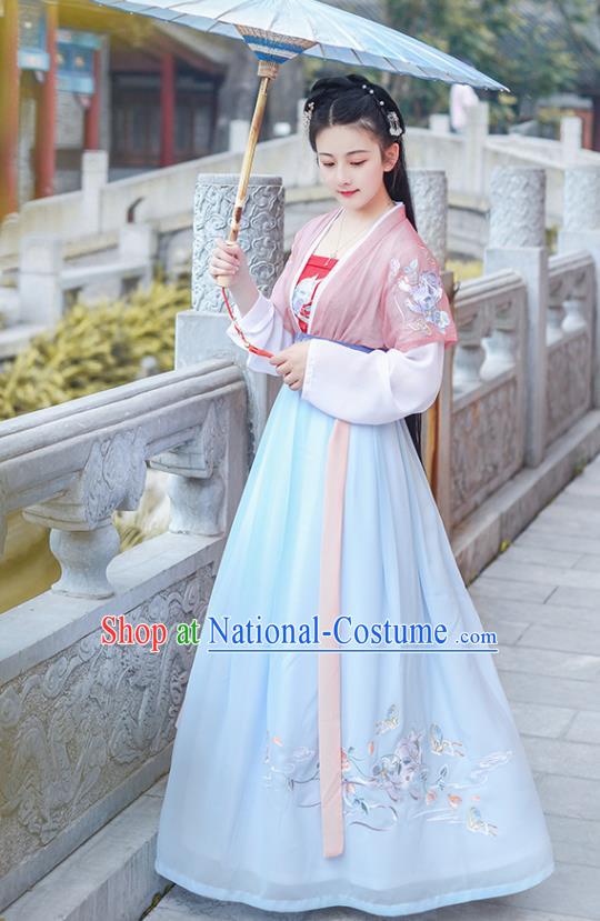 Chinese Ancient Young Lady Embroidered Hanfu Dress Antique Traditional Song Dynasty Historical Costume for Women