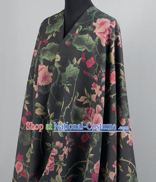 Asian Chinese Classical Flowers Pattern Black Brocade Satin Drapery Traditional Cheongsam Brocade Silk Fabric