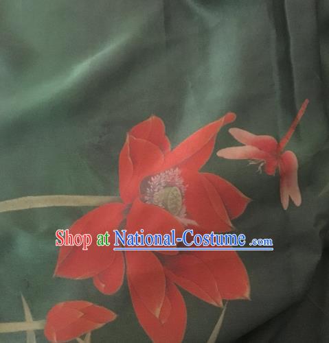 Asian Chinese Classical Lotus Bamboo Pattern Black Satin Drapery Gambiered Guangdong Gauze Brocade Traditional Cheongsam Brocade Silk Fabric