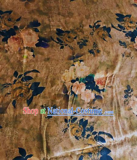 Asian Chinese Classical Roses Pattern Khaki Satin Drapery Gambiered Guangdong Gauze Brocade Traditional Cheongsam Brocade Silk Fabric