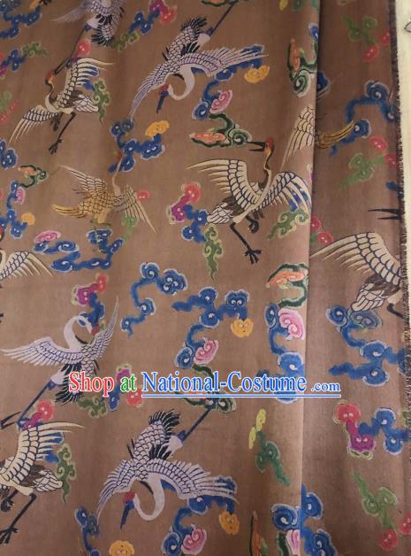 Asian Chinese Classical Cloud Cranes Pattern Brown Satin Drapery Gambiered Guangdong Gauze Brocade Traditional Cheongsam Brocade Silk Fabric