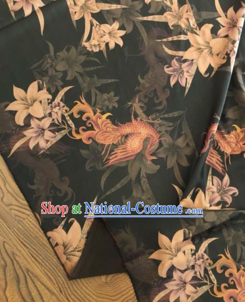 Asian Chinese Classical Lily Flowers Pattern Black Satin Drapery Gambiered Guangdong Gauze Brocade Traditional Cheongsam Brocade Silk Fabric