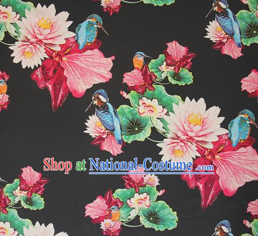 Asian Chinese Classical Lotus Birds Pattern Black Satin Drapery Gambiered Guangdong Gauze Brocade Traditional Cheongsam Brocade Silk Fabric