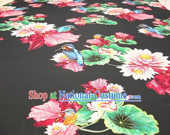 Asian Chinese Classical Lotus Birds Pattern Black Satin Drapery Gambiered Guangdong Gauze Brocade Traditional Cheongsam Brocade Silk Fabric