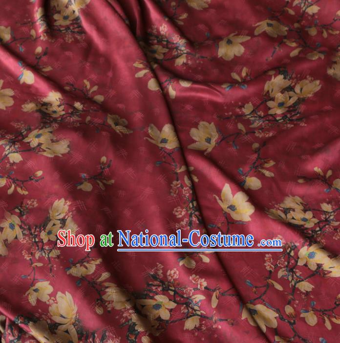 Asian Chinese Classical Yulan Magnolia Pattern Wine Red Gambiered Guangdong Gauze Satin Drapery Brocade Traditional Cheongsam Brocade Silk Fabric