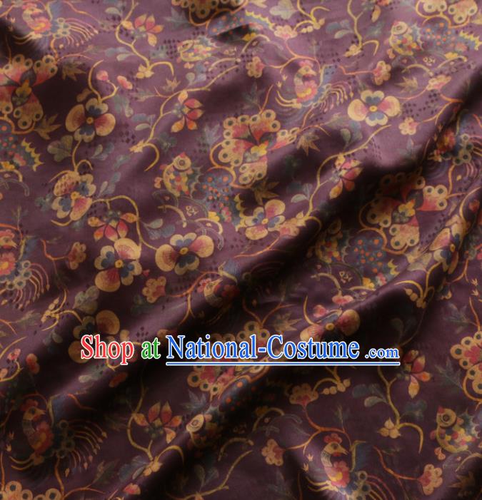 Asian Chinese Classical Phoenix Flowers Pattern Purple Gambiered Guangdong Gauze Satin Drapery Brocade Traditional Cheongsam Brocade Silk Fabric