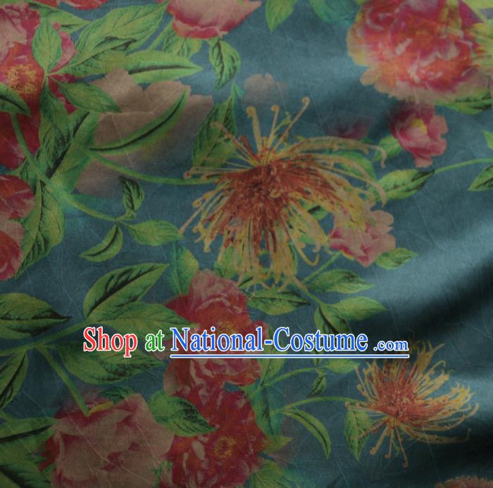 Asian Chinese Classical Peony Pattern Blue Gambiered Guangdong Gauze Satin Drapery Brocade Traditional Cheongsam Brocade Silk Fabric