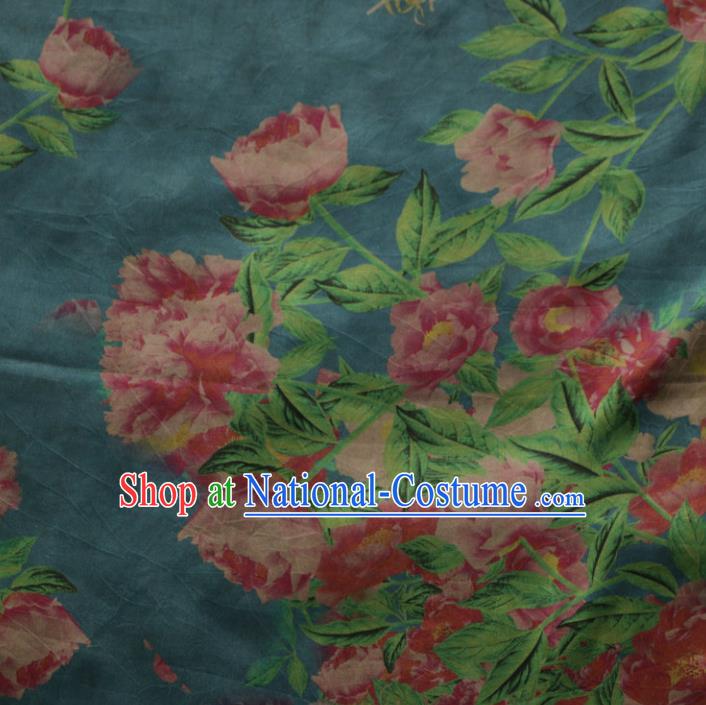 Asian Chinese Classical Peony Pattern Blue Gambiered Guangdong Gauze Satin Drapery Brocade Traditional Cheongsam Brocade Silk Fabric