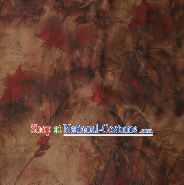 Asian Chinese Classical Red Lotus Pattern Gambiered Guangdong Gauze Satin Drapery Brocade Traditional Cheongsam Brocade Silk Fabric