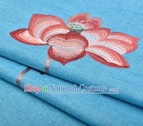 Asian Chinese Cheongsam Classical Embroidered Lotus Pattern Blue Satin Drapery Brocade Traditional Brocade Silk Fabric