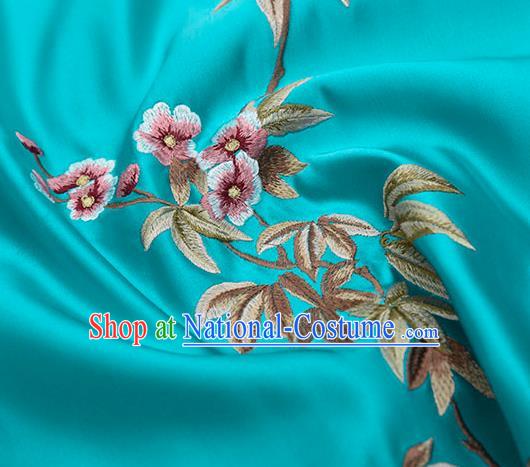 Asian Chinese Cheongsam Classical Embroidered Plum Pattern Blue Satin Drapery Brocade Traditional Brocade Silk Fabric