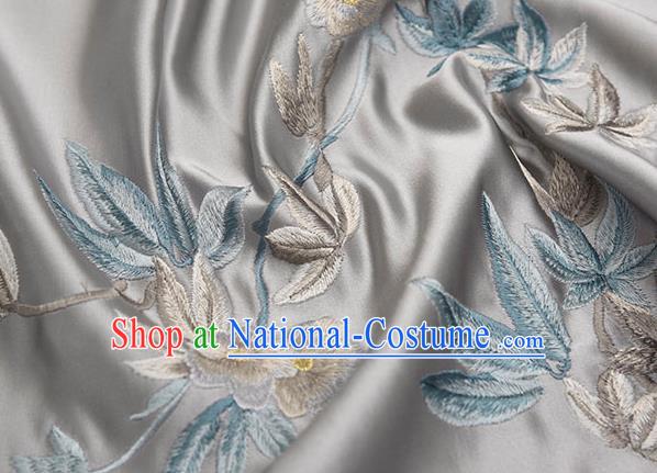 Asian Chinese Cheongsam Classical Embroidered Plum Pattern Grey Satin Drapery Brocade Traditional Brocade Silk Fabric