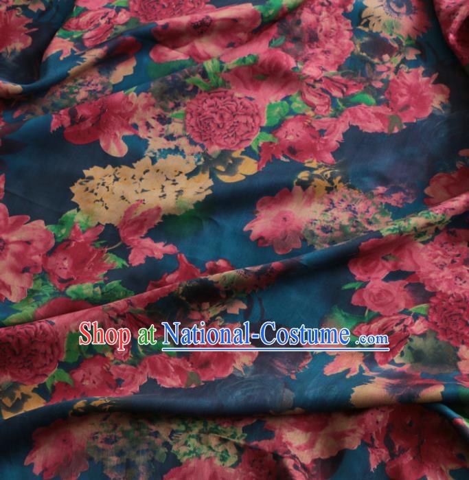 Asian Chinese Classical Peony Pattern Blue Gambiered Guangdong Gauze Satin Drapery Brocade Traditional Cheongsam Brocade Silk Fabric