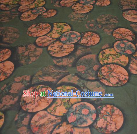 Chinese Traditional Cheongsam Classical Magnolia Peony Pattern Olive Green Gambiered Guangdong Gauze Asian Satin Drapery Brocade Silk Fabric