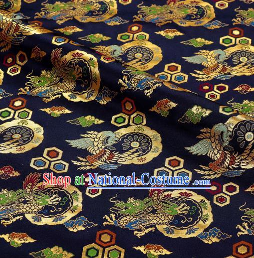 Japanese Traditional Kimono Classical Dragons Pattern Navy Brocade Asian Japan Satin Drapery Silk Fabric