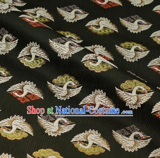 Japanese Traditional Kimono Classical Cranes Pattern Black Brocade Asian Japan Satin Drapery Silk Fabric