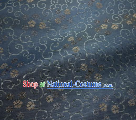 Japanese Traditional Kimono Classical Floral Scrolls Pattern Navy Brocade Asian Japan Satin Drapery Silk Fabric