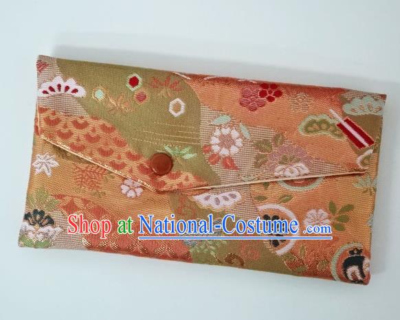 Japanese Traditional Classical Pattern Orange Brocade Handbag Asian Japan Nishijin Satin Bags Wallet