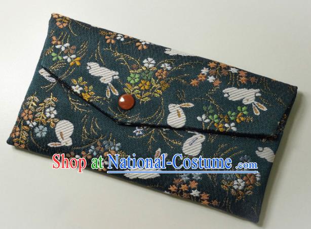 Japanese Traditional Classical Orchid Rabbits Pattern Atrovirens Brocade Handbag Asian Japan Nishijin Satin Bags Wallet