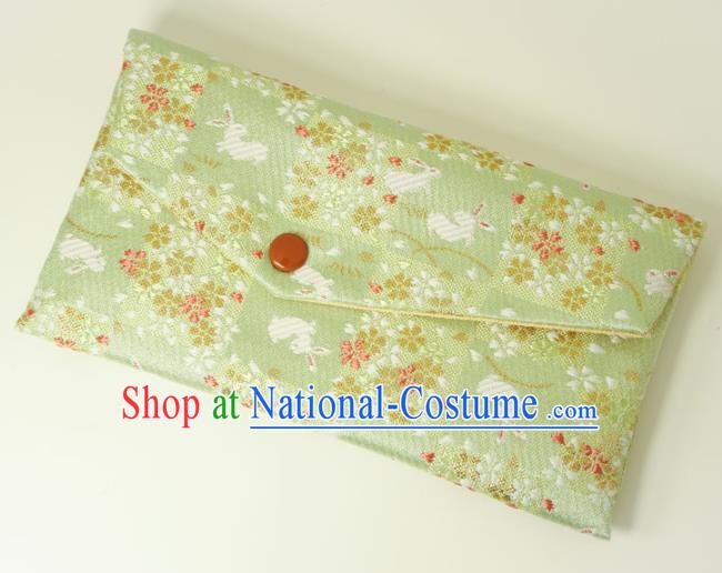 Japanese Traditional Classical Orchid Rabbits Pattern Green Brocade Handbag Asian Japan Nishijin Satin Bags Wallet