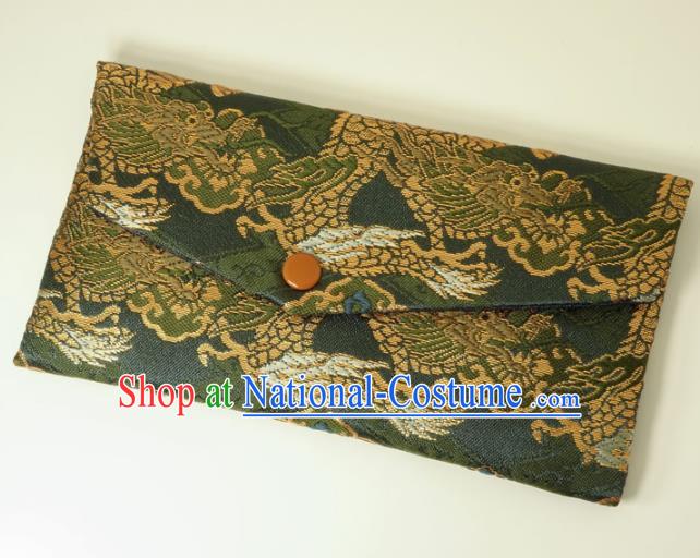 Japanese Traditional Classical Cloud Dragon Pattern Olive Green Brocade Handbag Asian Japan Nishijin Satin Bags Wallet