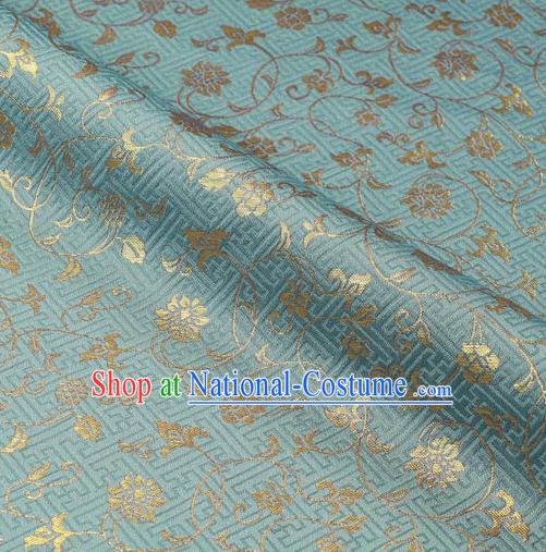 Japanese Traditional Kimono Classical Scroll Pattern Blue Brocade Damask Asian Japan Satin Drapery Silk Fabric