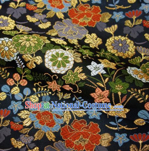 Japanese Traditional Kimono Classical Peony Pattern Black Brocade Damask Asian Japan Satin Drapery Silk Fabric