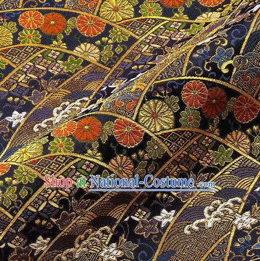 Japanese Traditional Kimono Classical Daisy Pattern Navy Brocade Damask Asian Japan Satin Drapery Silk Fabric