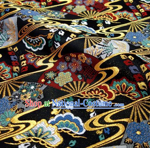 Japanese Traditional Kimono Classical Fans Pattern Black Brocade Damask Asian Japan Nishijin Satin Drapery Silk Fabric