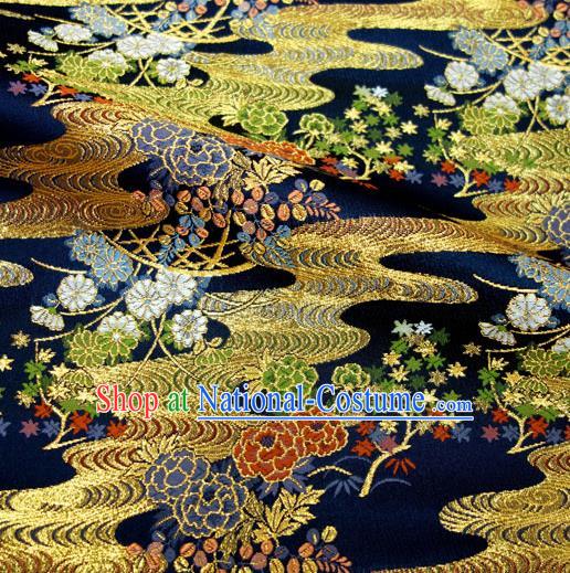 Japanese Traditional Kimono Classical Peony Daisy Pattern Navy Brocade Damask Asian Japan Nishijin Satin Drapery Silk Fabric